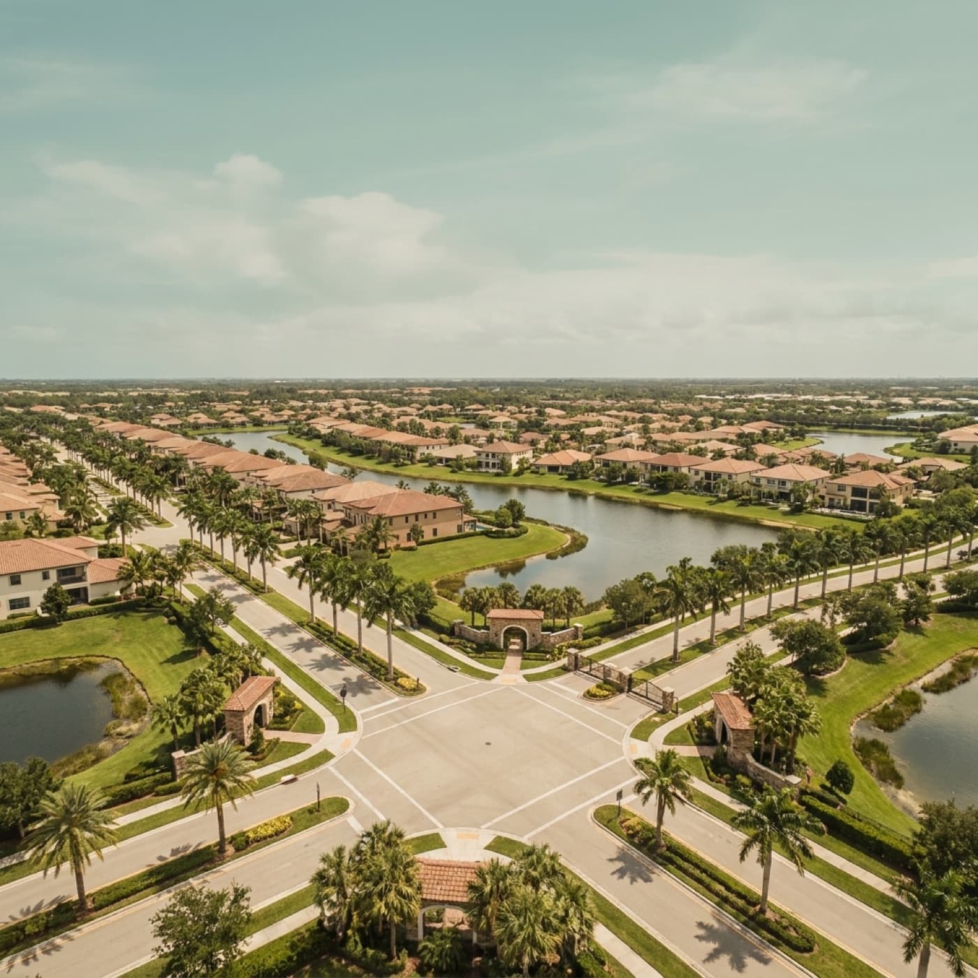 Aerial view of a completed master-planned South Florida community with lakes and palm-lined streets
